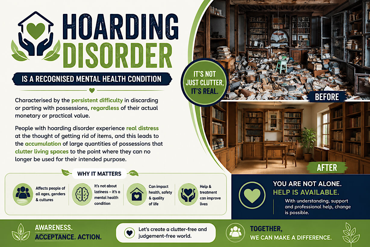 Living space affected by hoarding disorder before clearance Living space affected by hoarding disorder before clearance